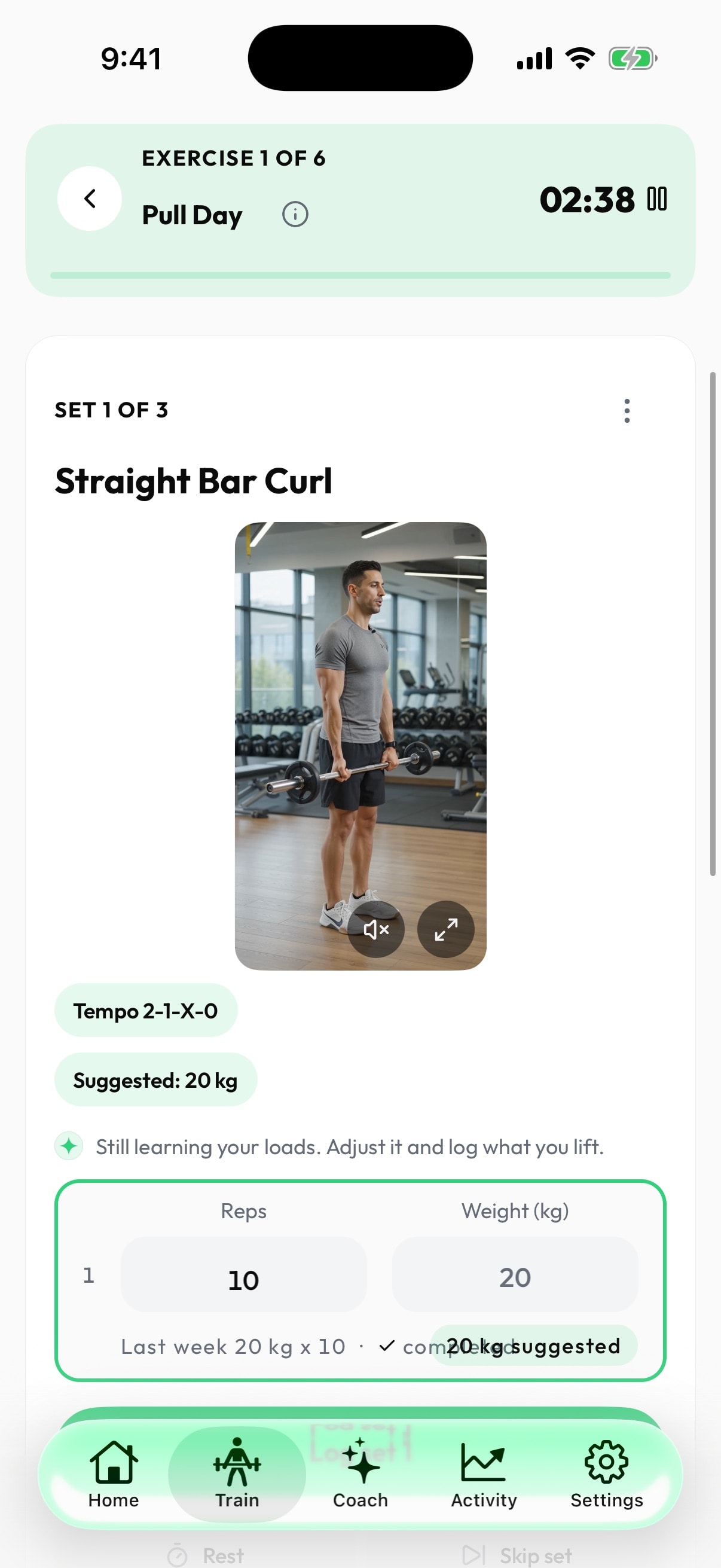 A Loha workout showing the recommended next weight