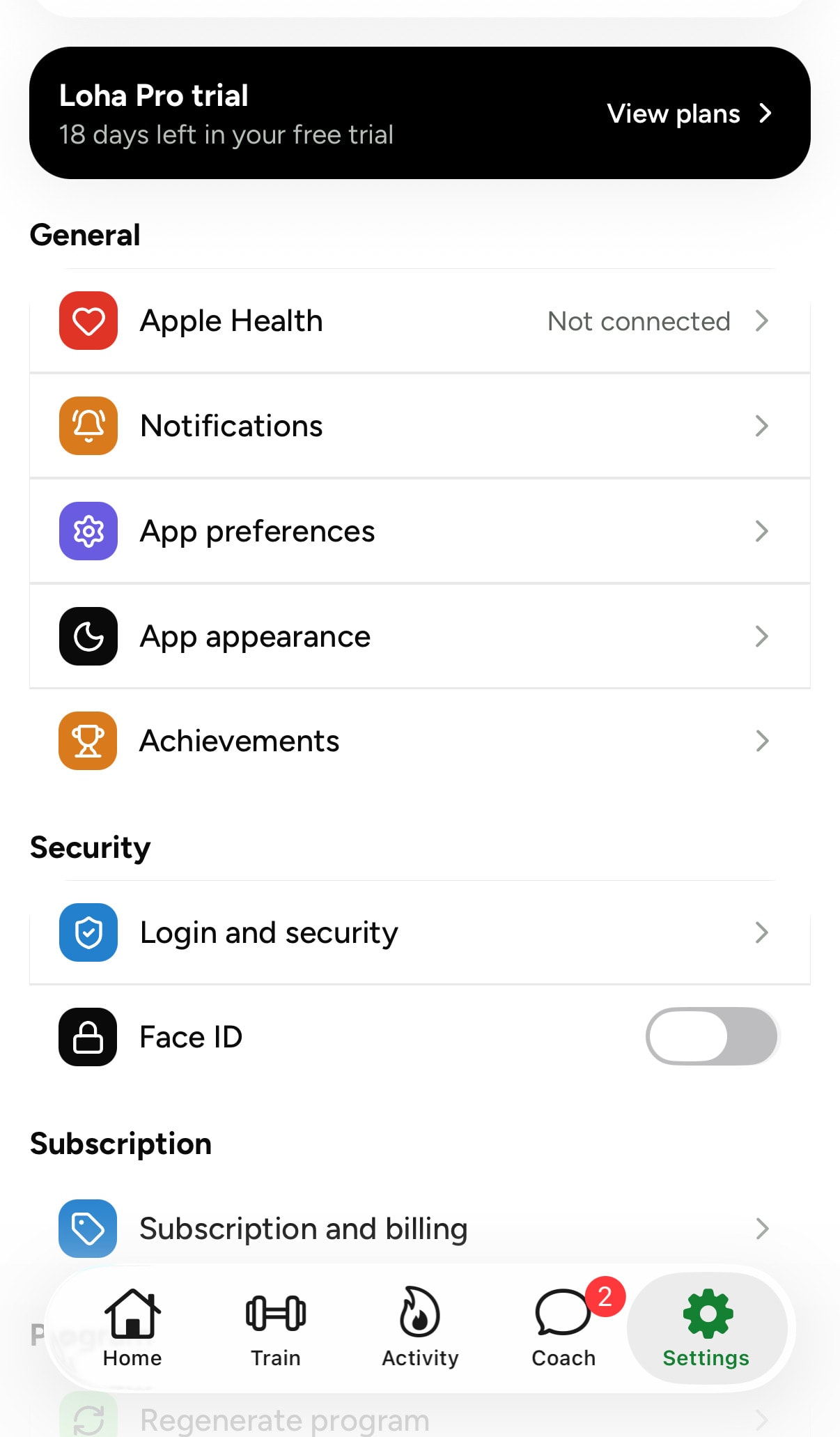 Health data screen in the Loha app