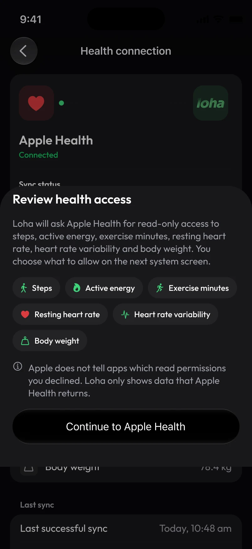 Loha app: Settings, Health access sheet