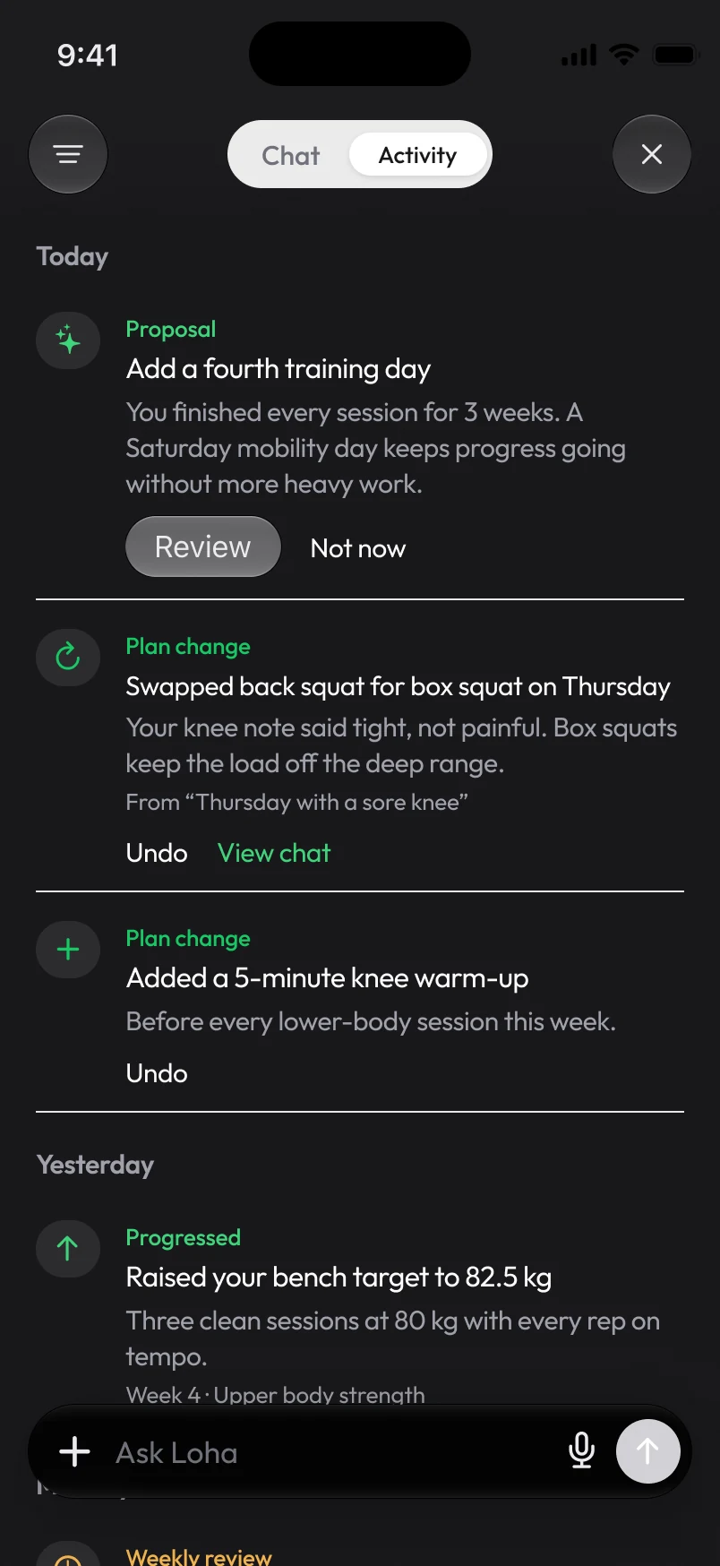 Loha app: Coach, Activity