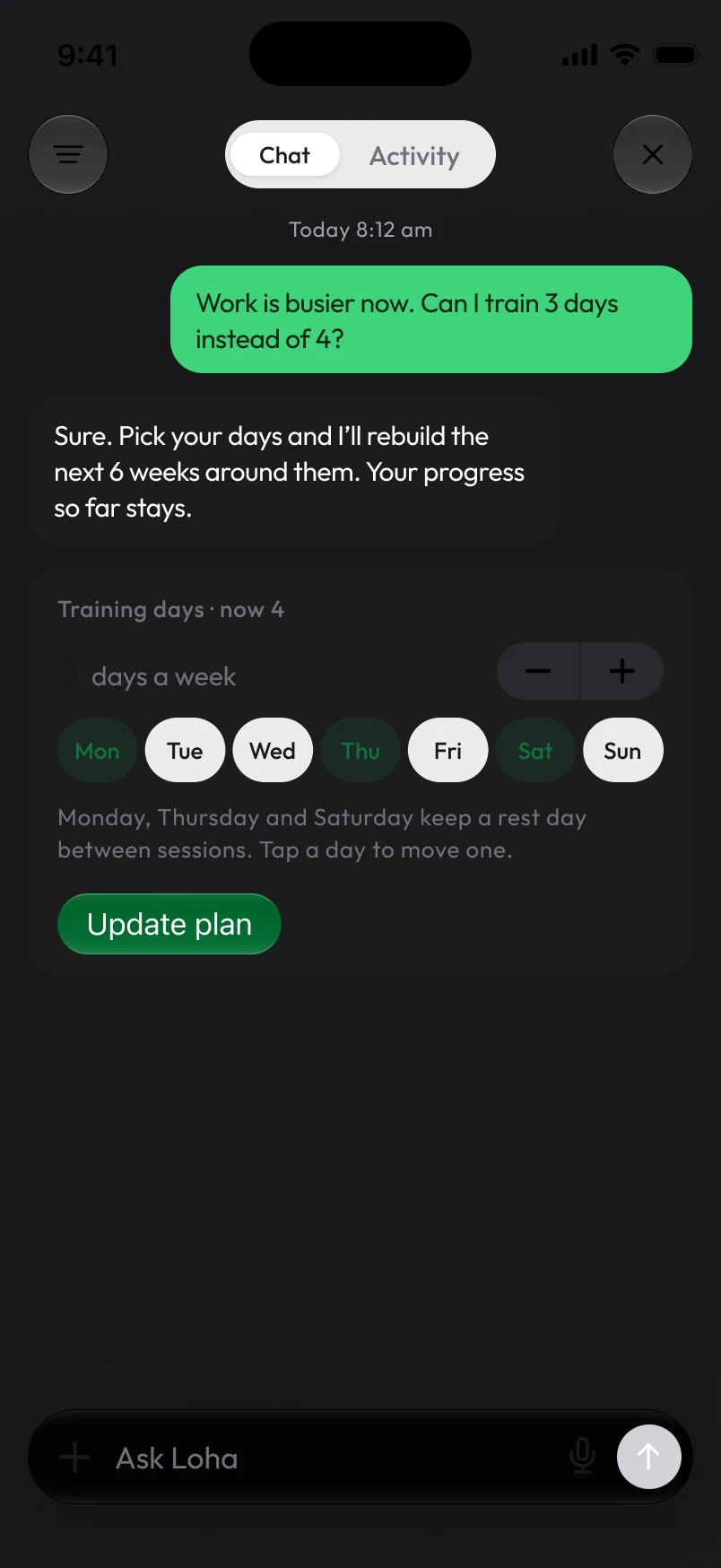 Loha app: Coach, Change training days
