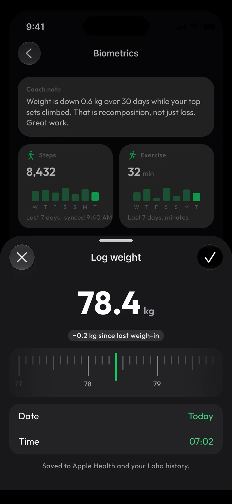 Loha app: Log weight, sheet