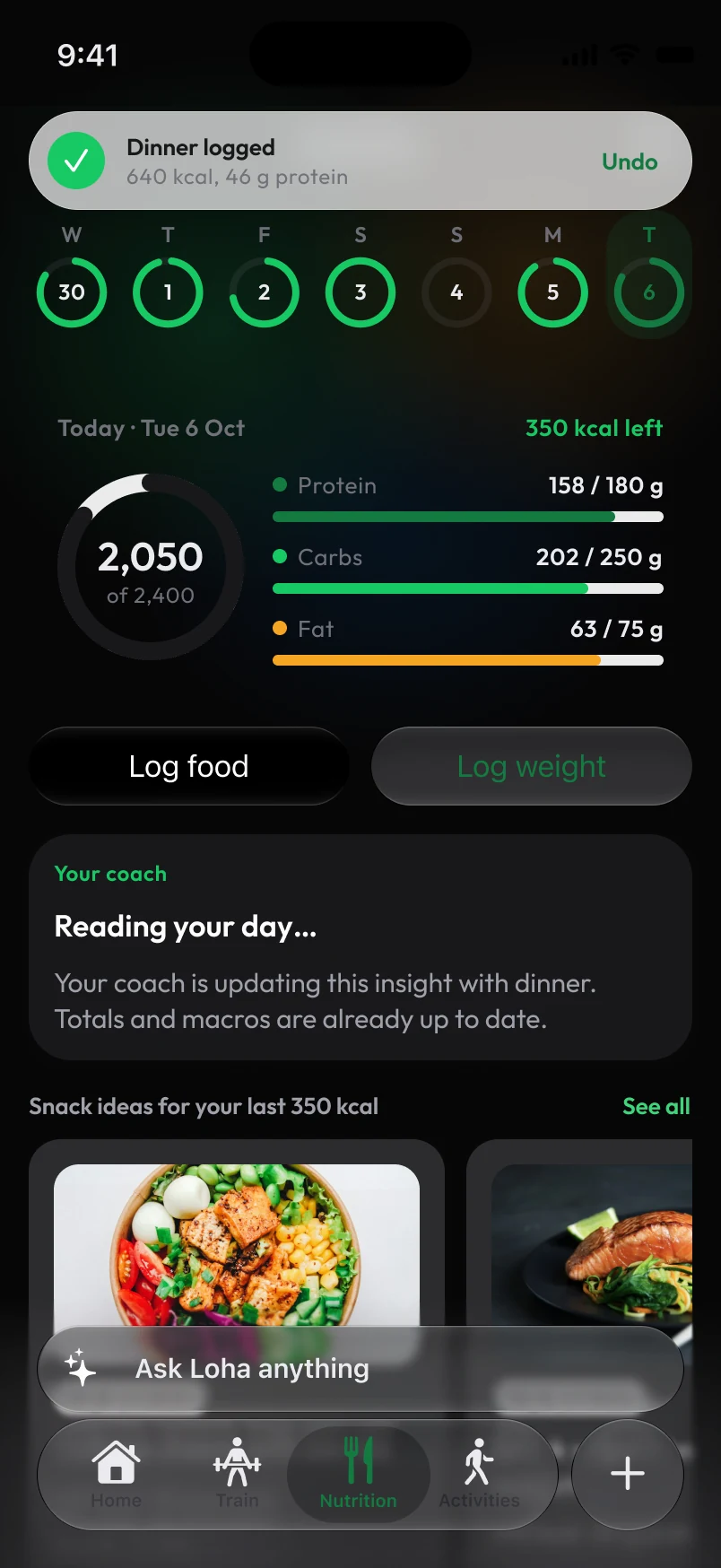 Loha app: Nutrition, Logged, dinner added