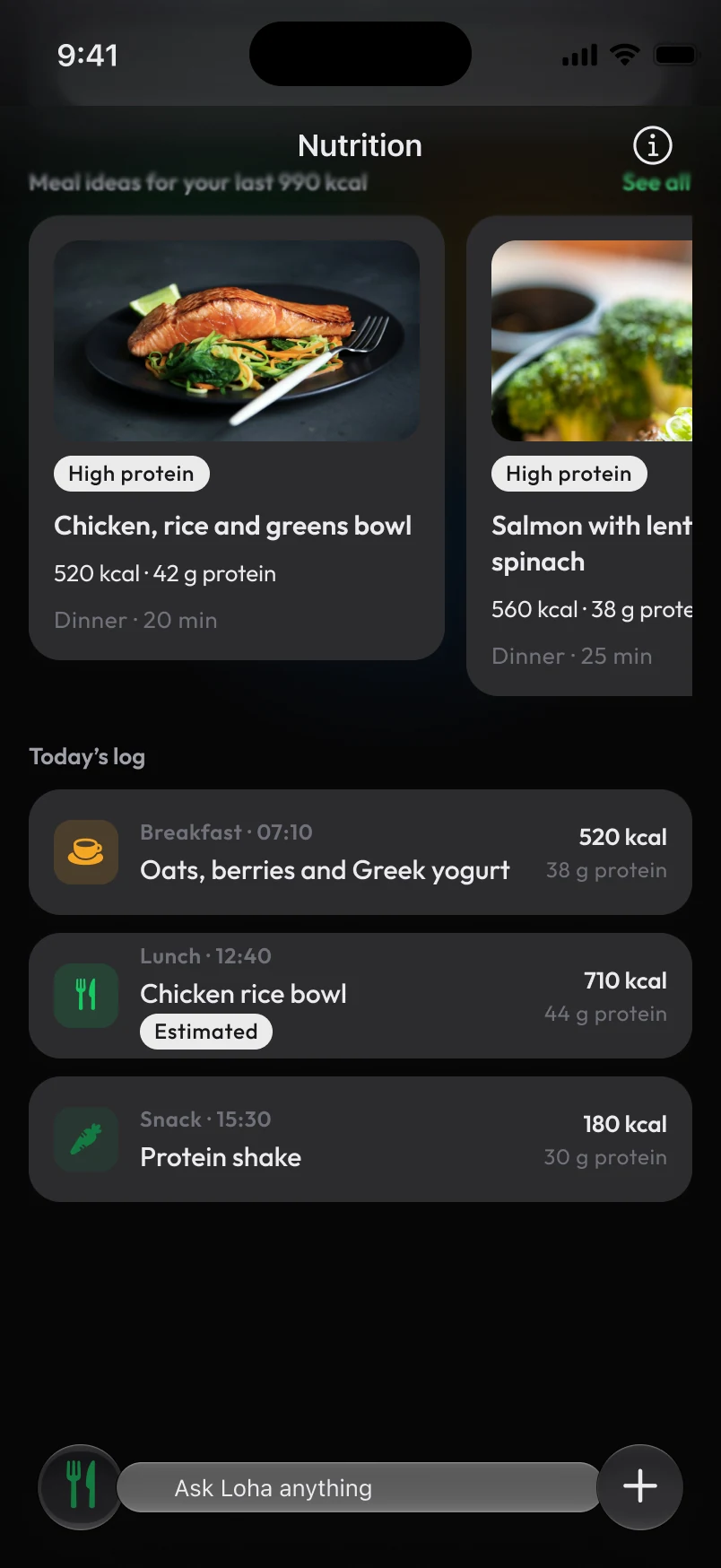 Loha app: Nutrition, Coach insight, Needs weight