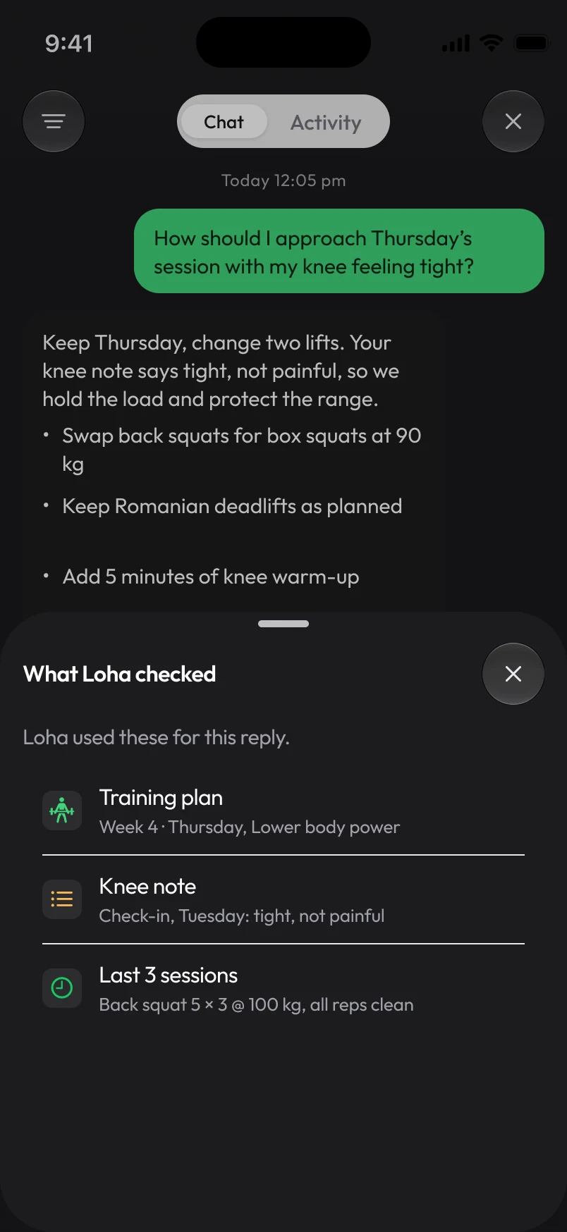 Loha app: Coach, What Loha checked