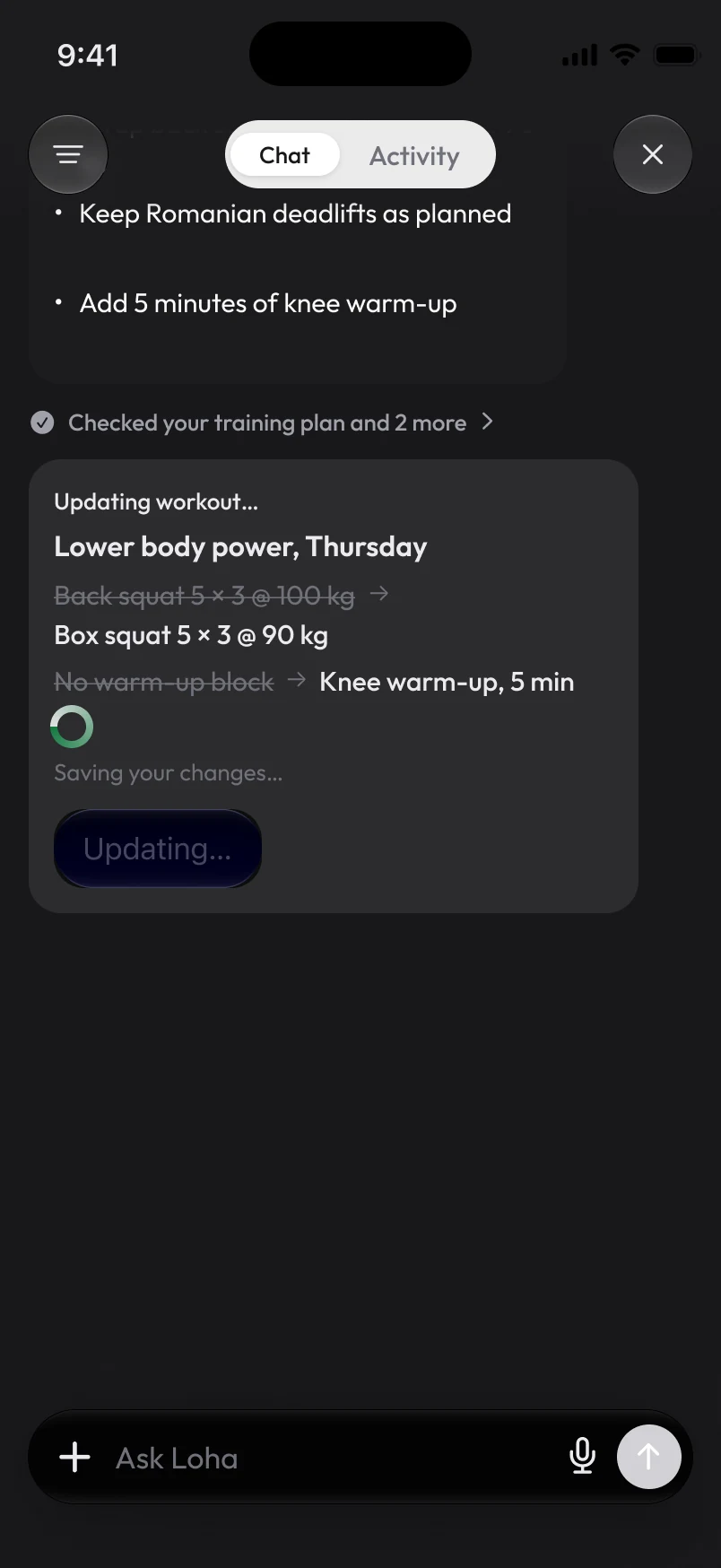 Loha app: Coach, Workout change, Confirming