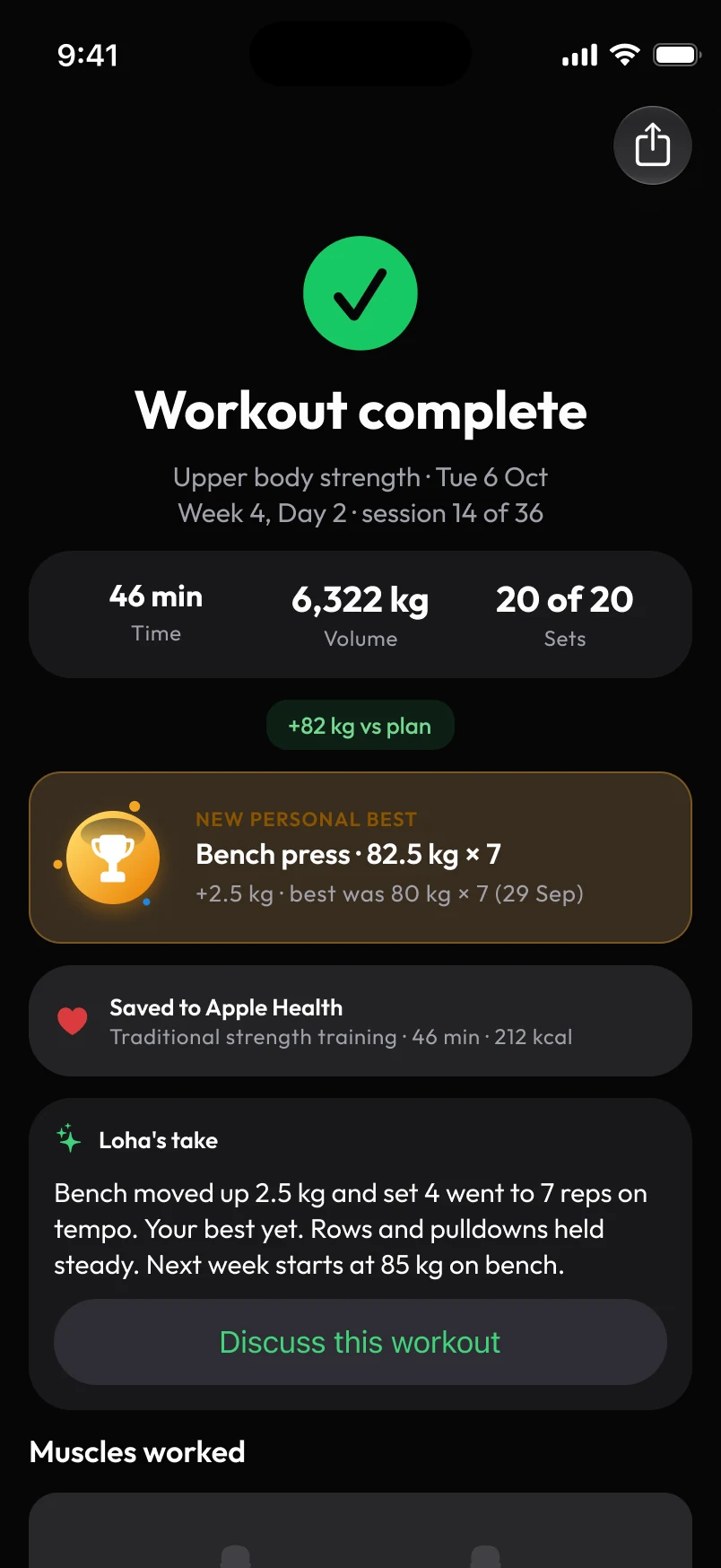 Loha app: Session, Summary (Workout complete)