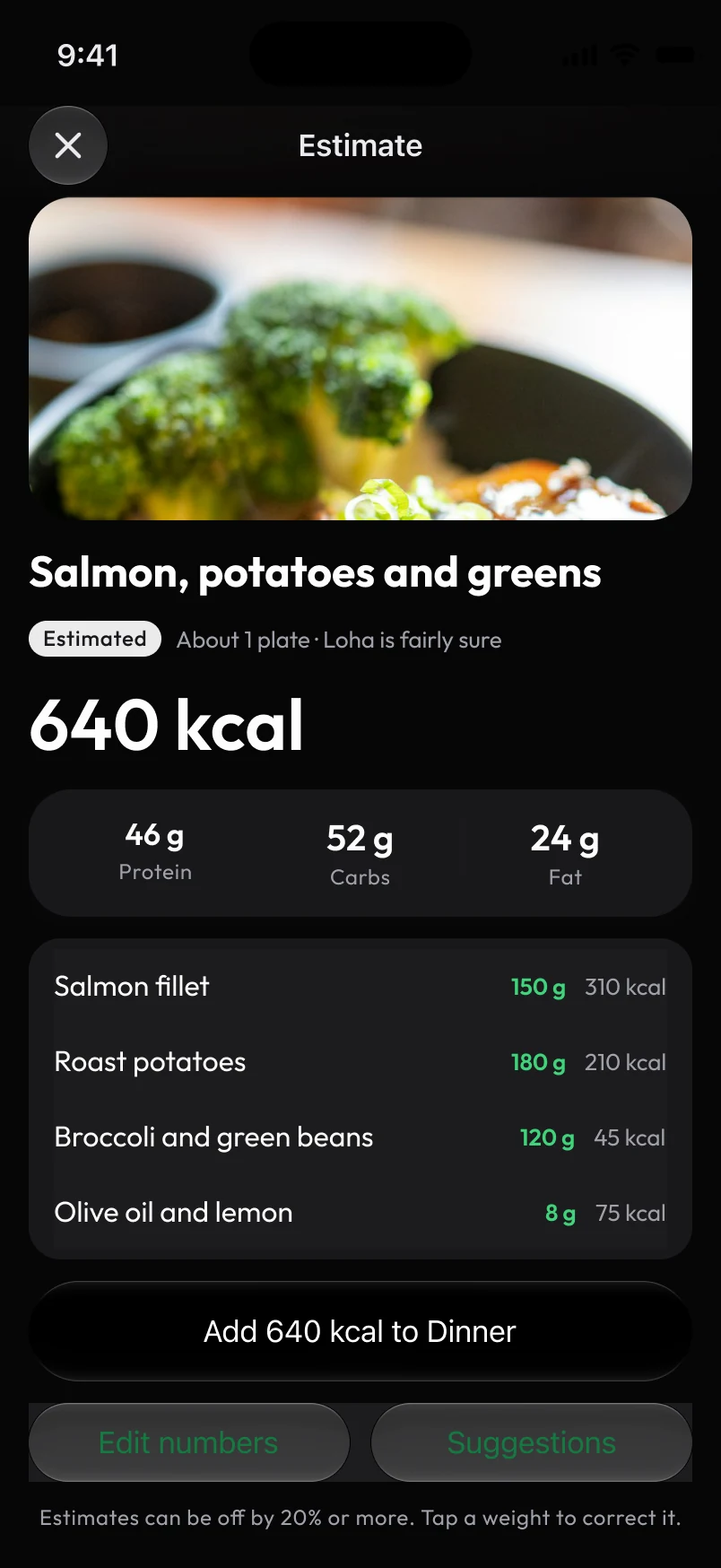 Loha app: Nutrition, Meal scan, Estimate (result)