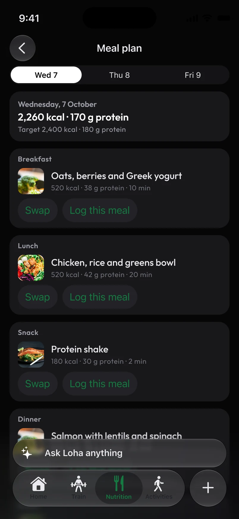 Loha app: Nutrition, Meal plan, 3 days