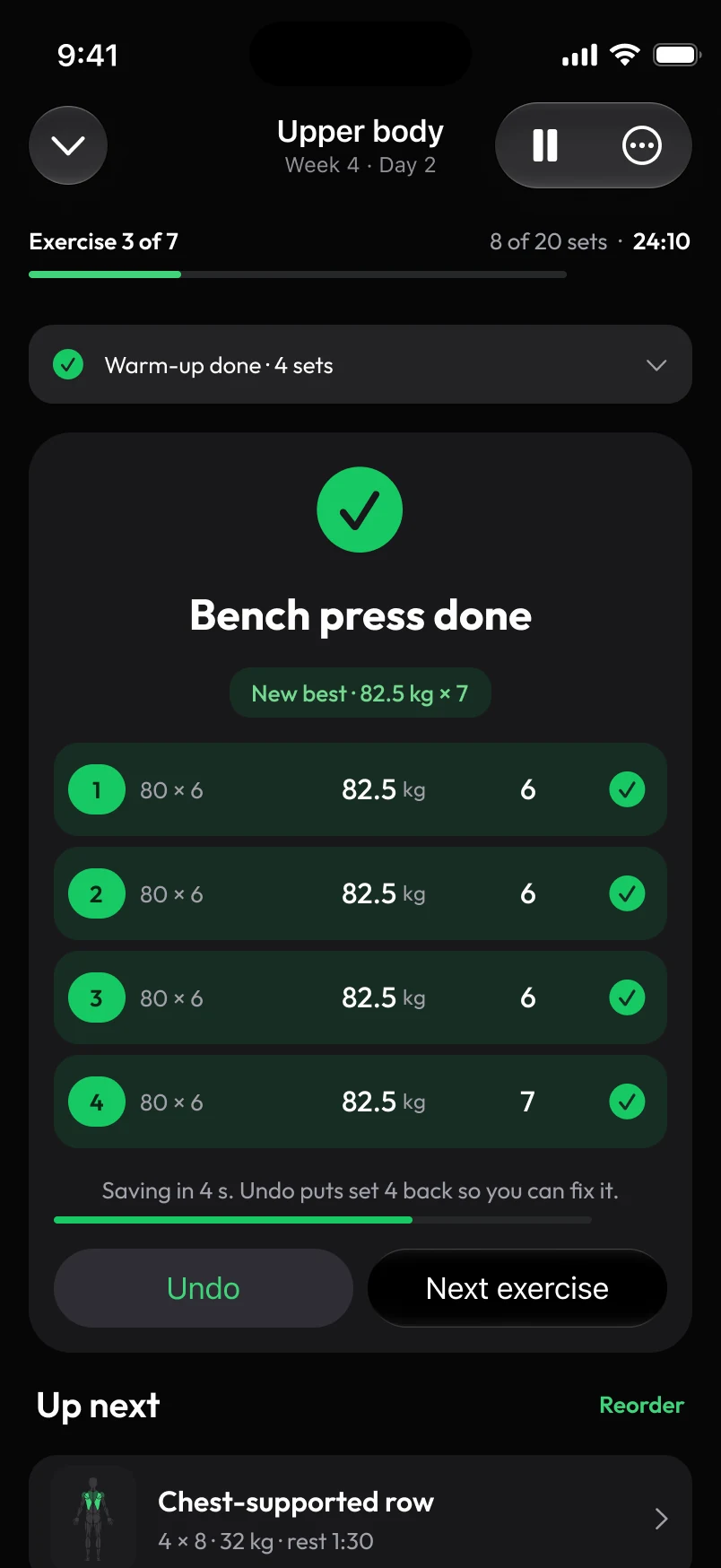 Loha app: Session, Exercise done (saving in 4 s)