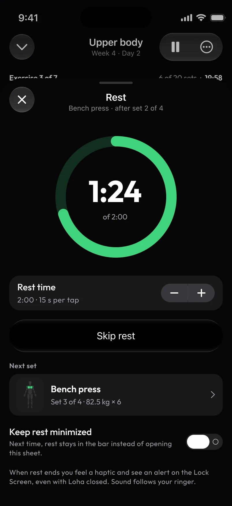 Loha app: Session, Rest timer