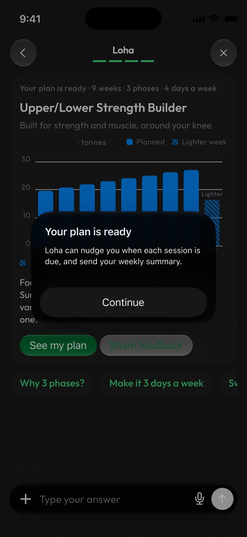 Loha app: Onboarding, Chat 13b Plan ready, reminders prompt