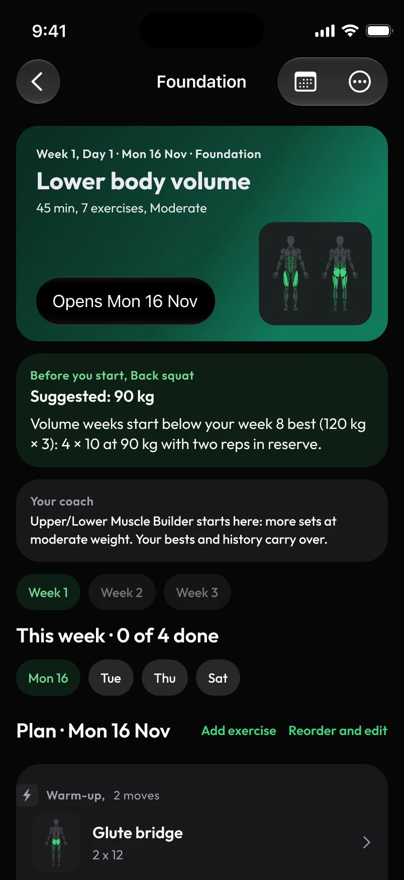Loha app: Train, New plan, Week 1, Day 1 (preview)