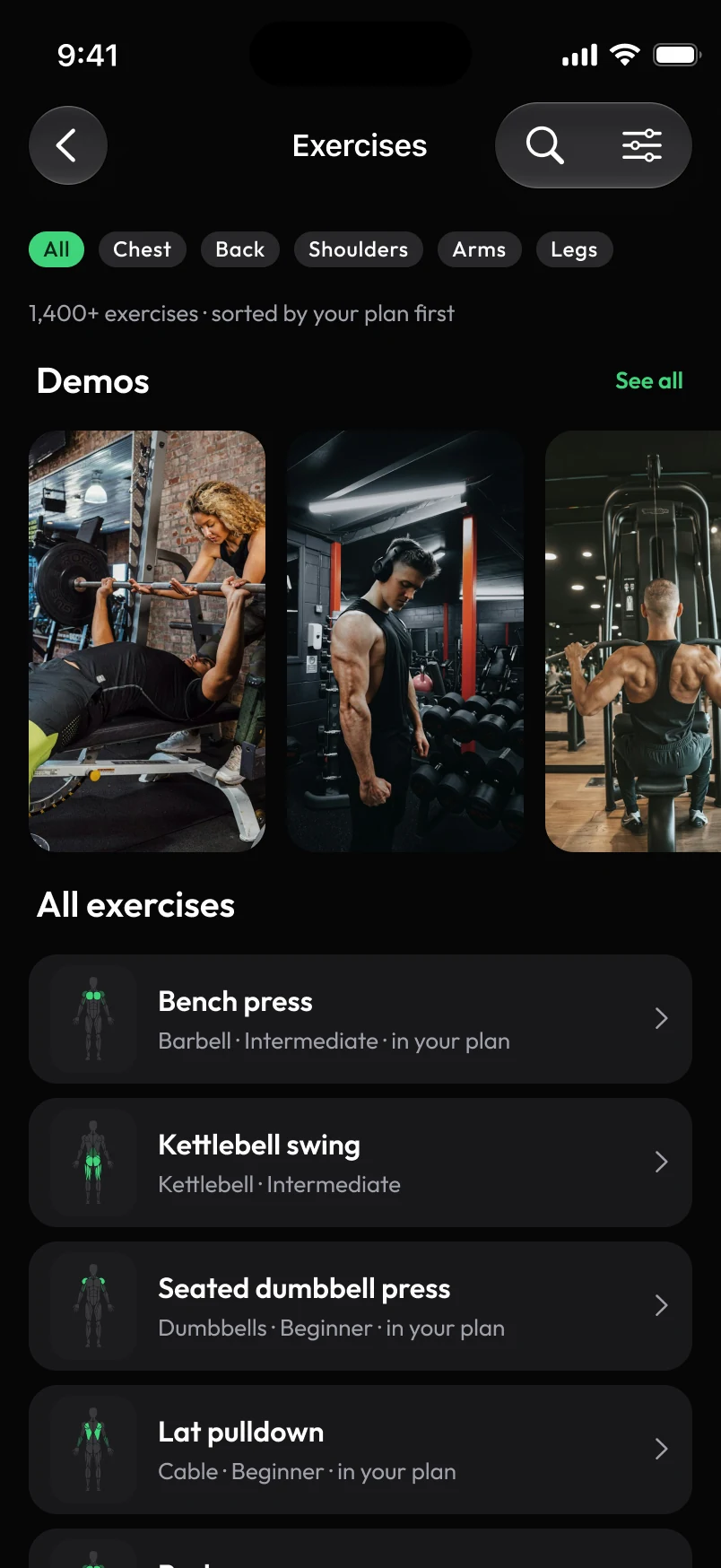 Loha app: Library, Exercise library (all exercises, no filters)