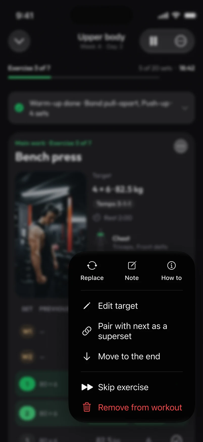 Loha app: Session, Exercise menu (⋯)