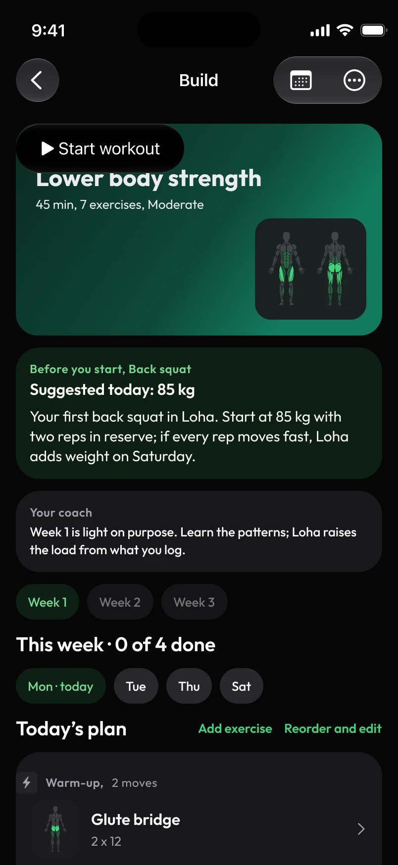 Loha app: Train, Week 1, Day 1 (detail)