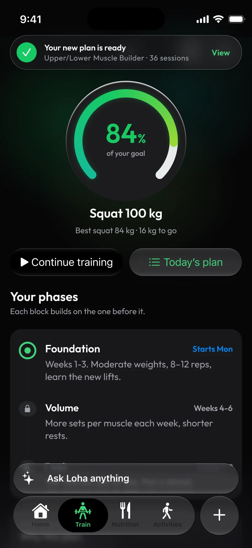 Loha app: Train, Home (new plan ready, week 1)