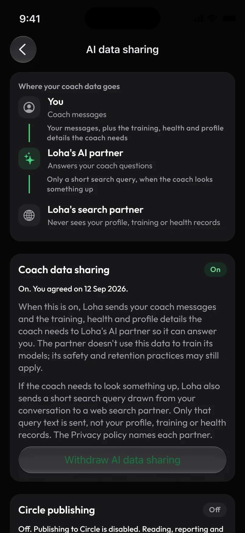 Loha app: Settings, AI data sharing