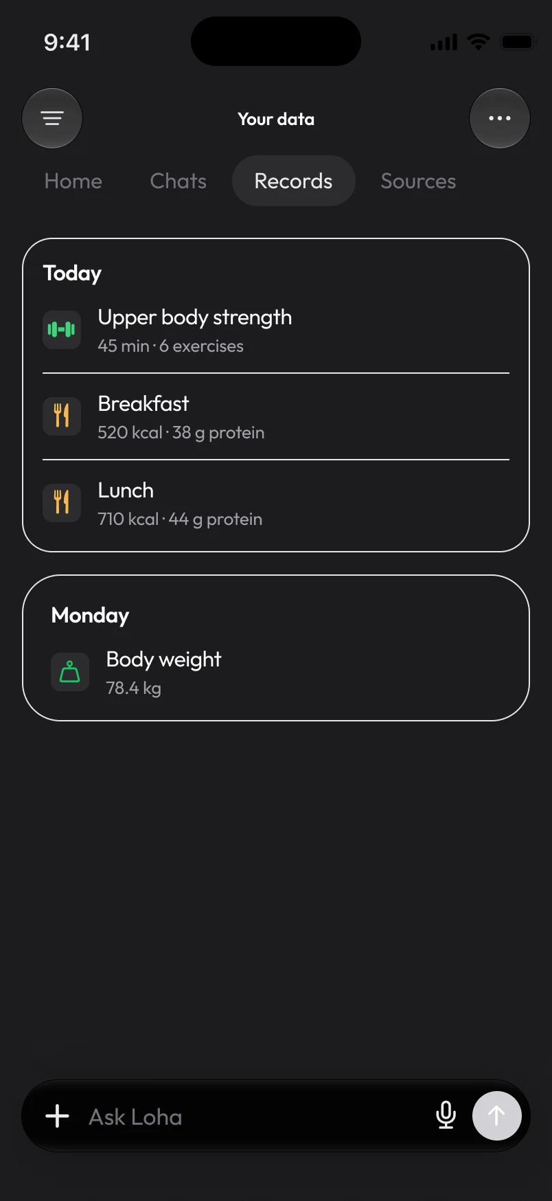 Loha app: Your data, Records