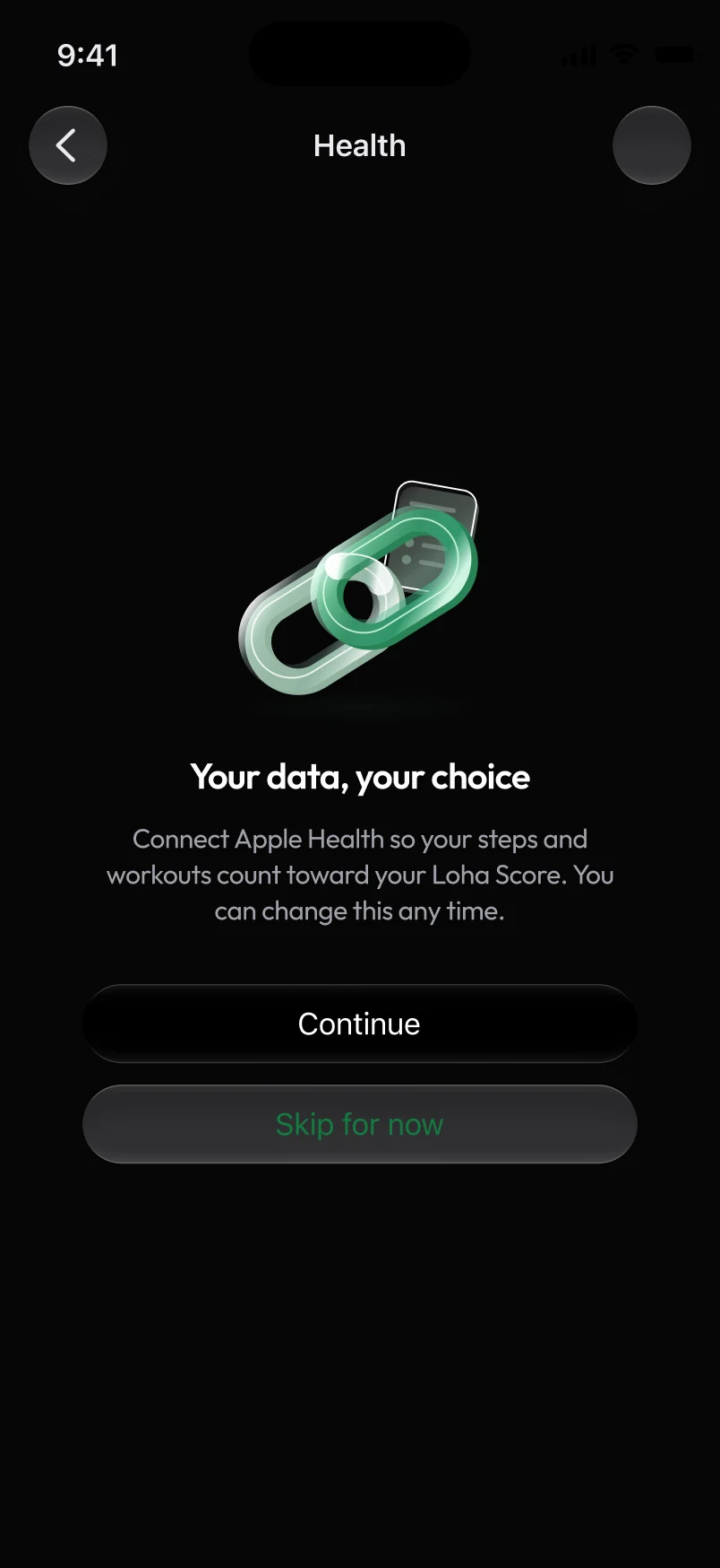 Loha app: Settings, Health connection, Permission intro