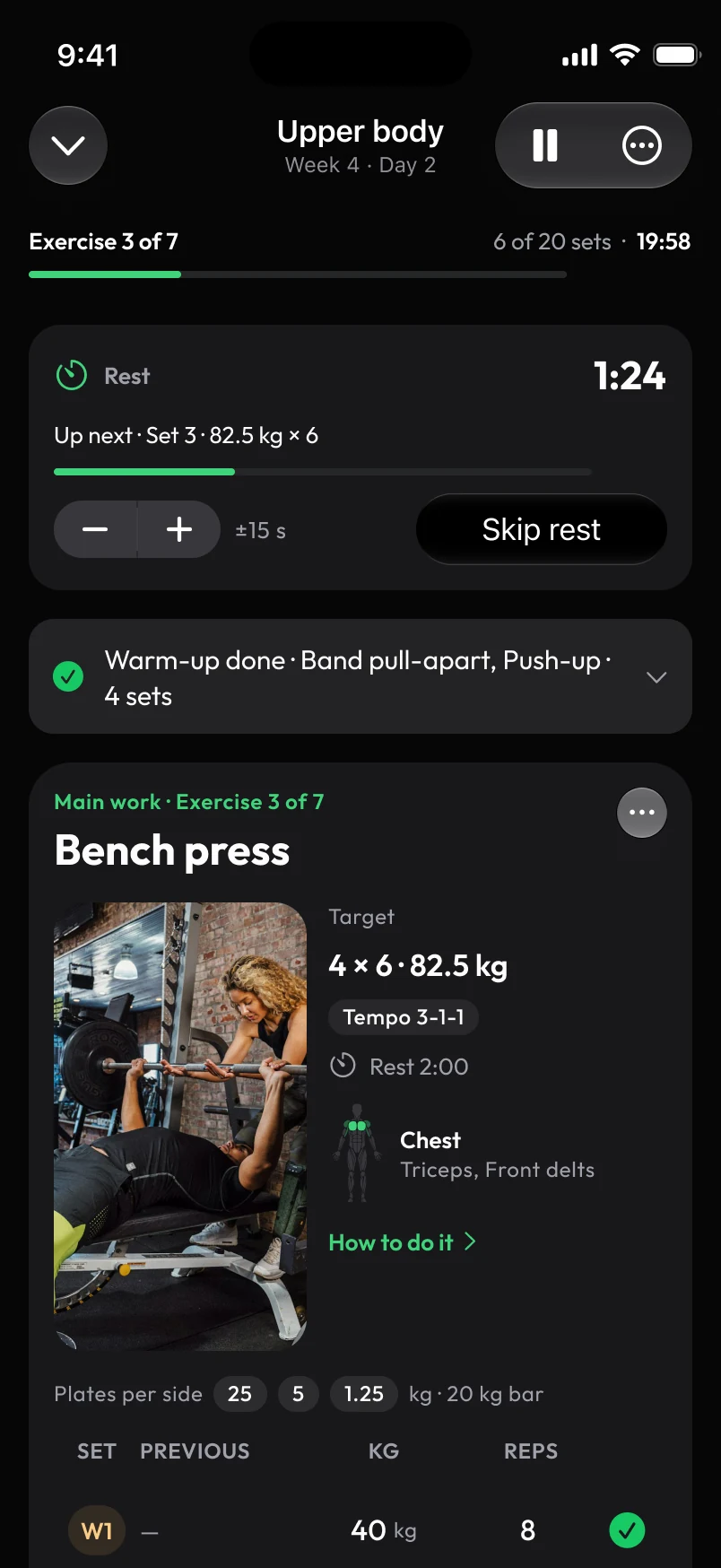Loha app: Session, Resting (pinned rest bar)