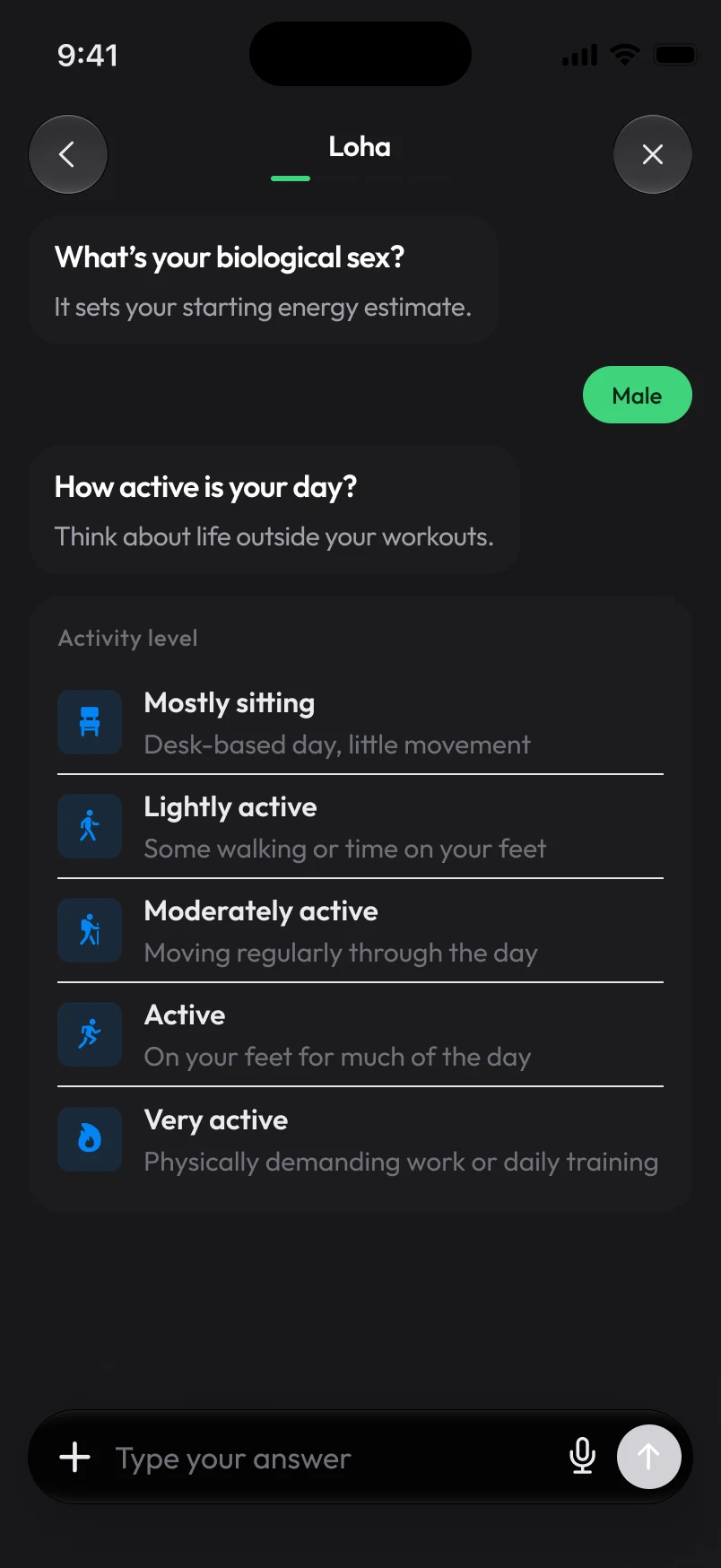 Loha app: Onboarding, Chat 2 Single choice (activity level)