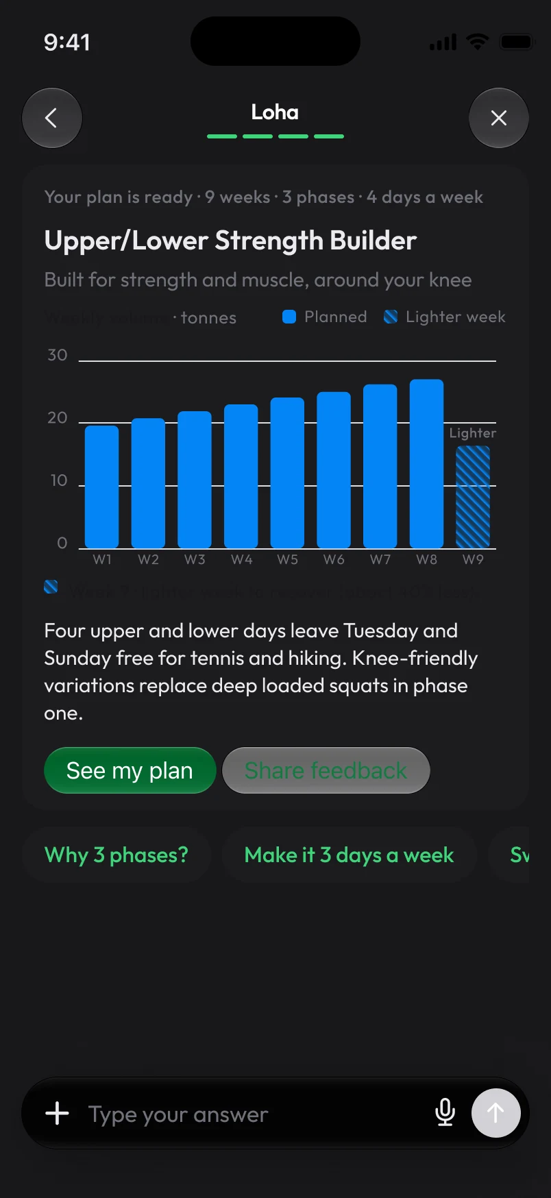 Loha app: Onboarding, Chat 13 Plan ready
