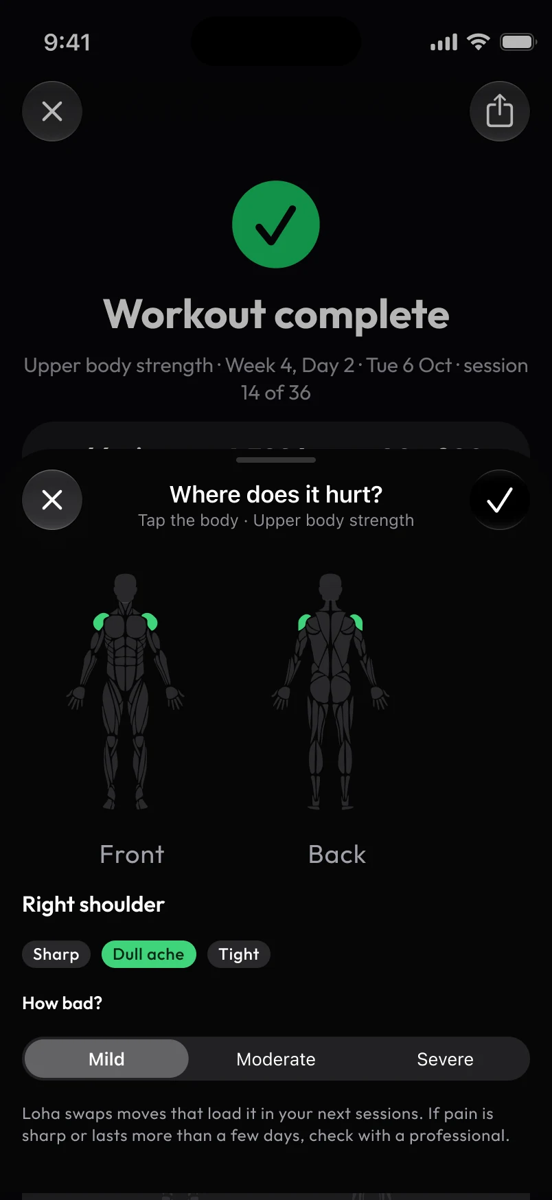Loha app: Sheet, Body check-in, Something hurts
