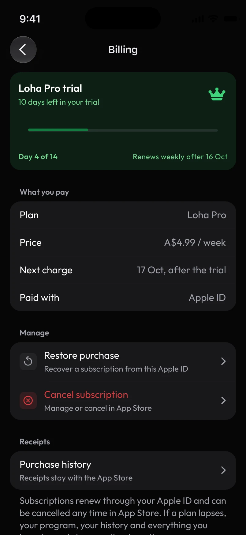Loha app: Settings, Billing, Trial