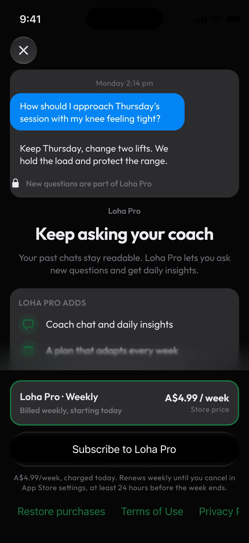 Loha app: Paywall, Focused, Coach chat