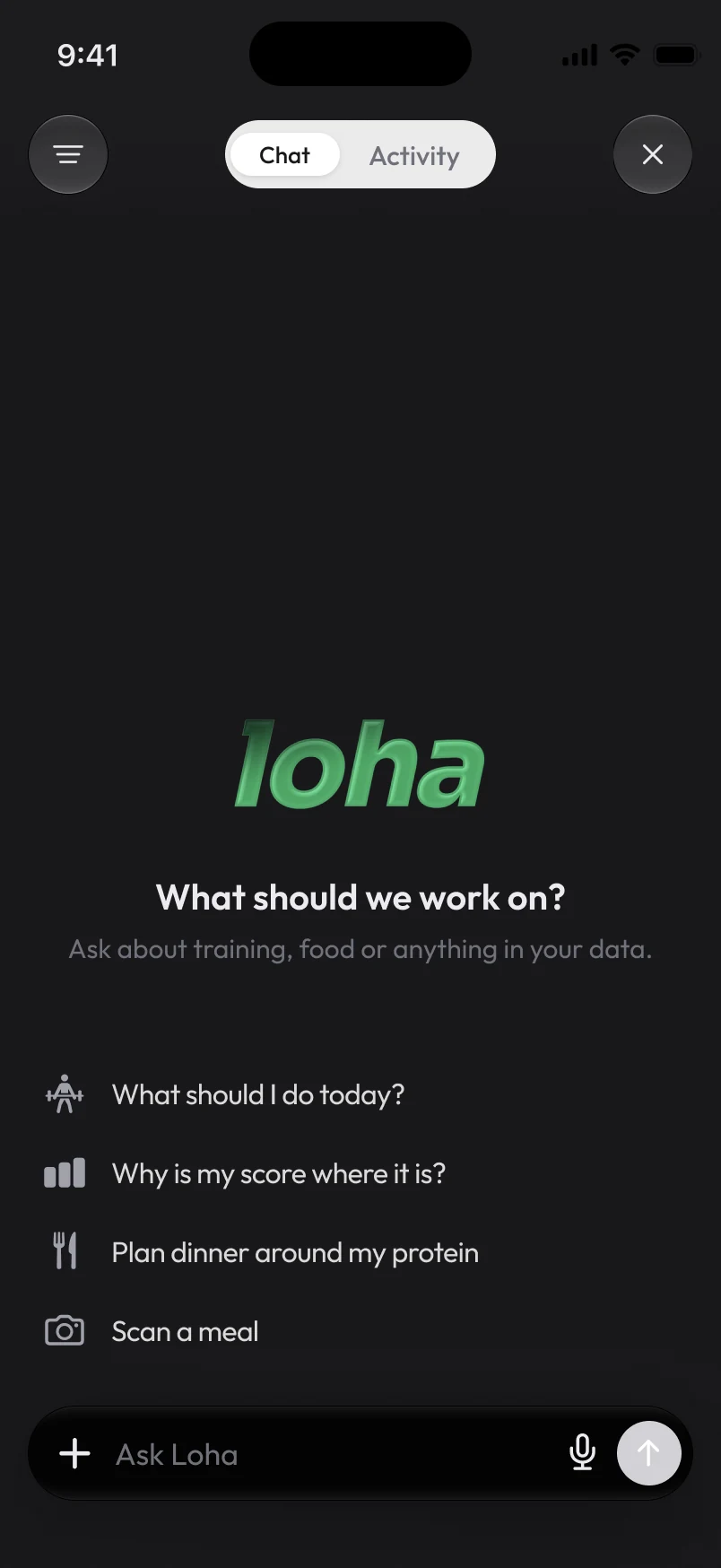 Loha app: Coach, New chat (What should we work on?)