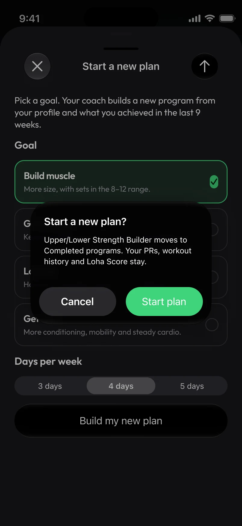 Loha app: Program, New plan (confirm alert)
