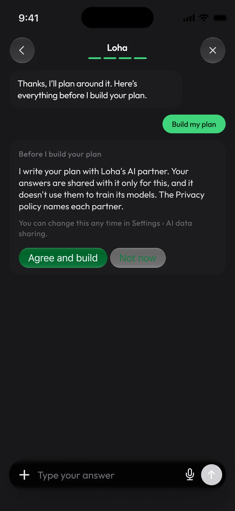 Loha app: Onboarding, Chat 11 AI consent