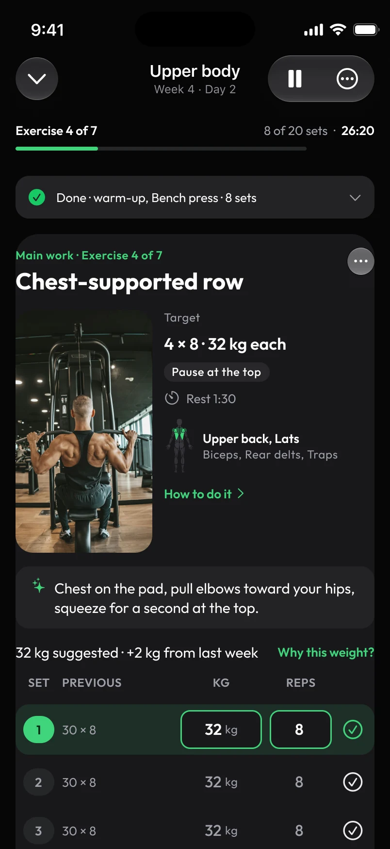 Loha app: Session, Logging next exercise (Chest-supported row)