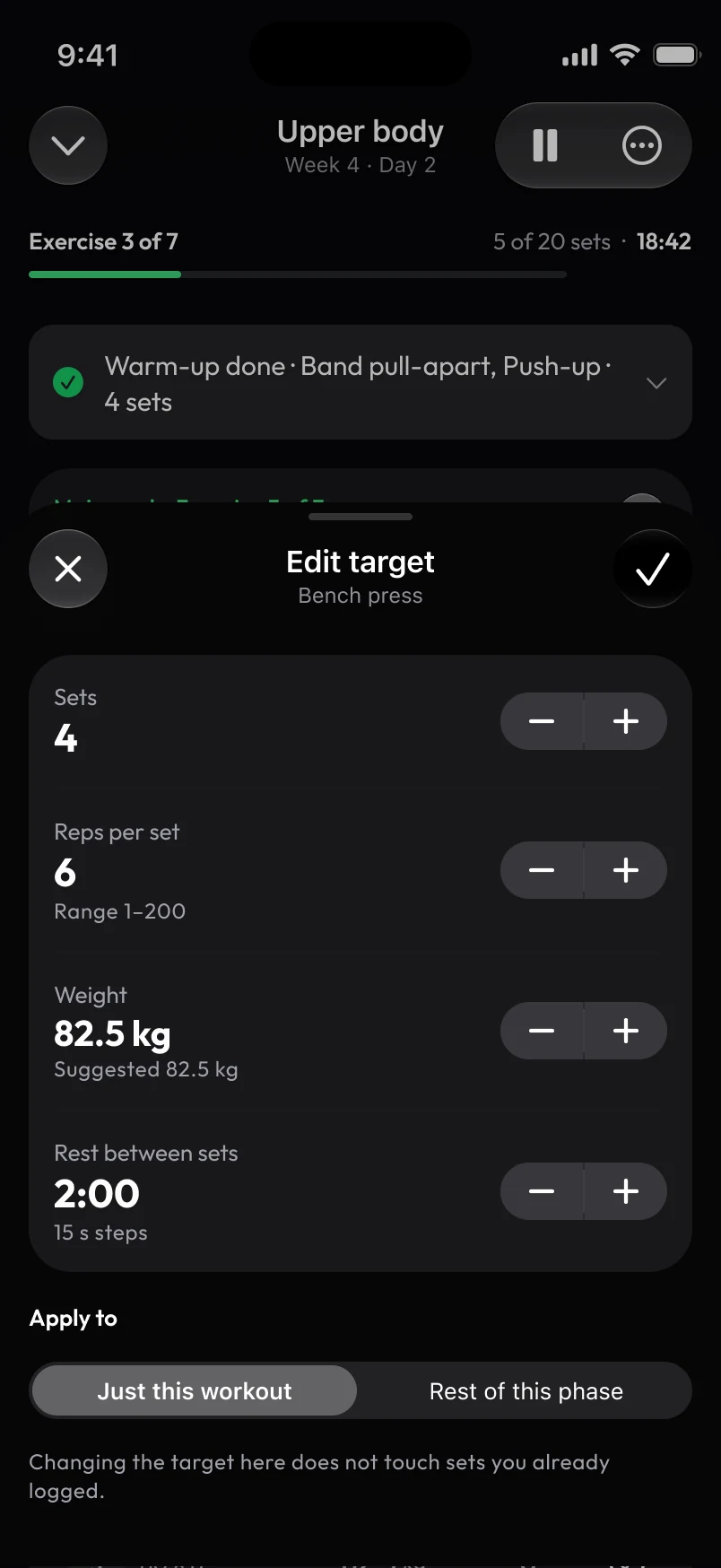 Loha app: Sheet, Edit target (Bench press)