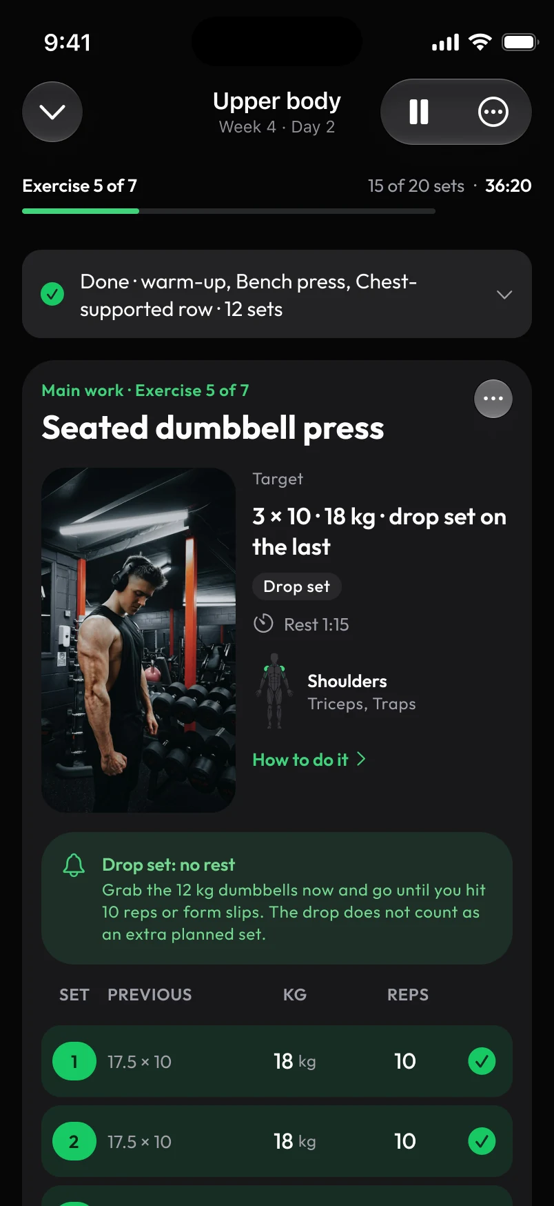 Loha app: Session, Drop set (Seated dumbbell press)